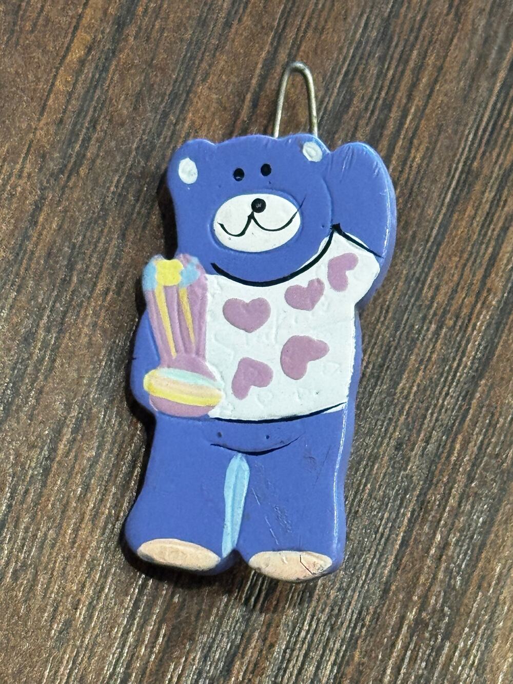 Vintage wooden hand painted purple bear heart print shirt hair barrette bouquet